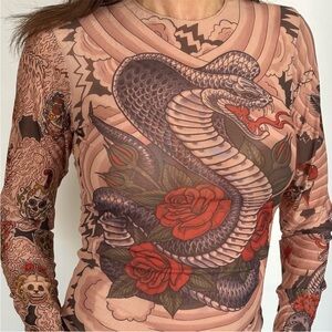 Miami Ink Sheer Mesh Y2K Cobra Oni Demon Skulls & Roses Tattoo Skin Shirt
